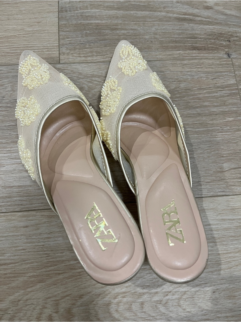 Cream Beaded Pointed Toe Mules